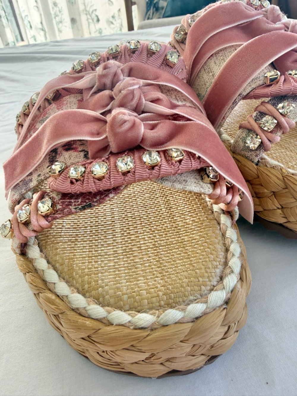 Sam Edelman Wyatt Sz 8 Pink Mixed media ribbon &  Rhinestone Sandals NEW - Picture 8 of 16